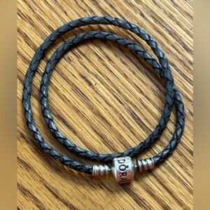 Pandora Double Charcoal Gray Leather Bracelet Size 13.8 Condition: Very Good